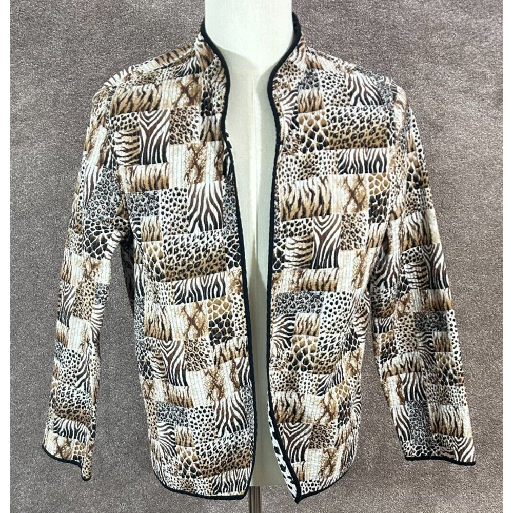 Alfred Dunner Jacket Womens Large Tan Quilted Patchwork Animal Print Open‎ Front
